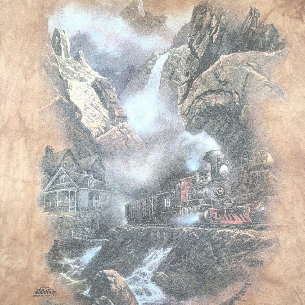 Vintage 1999 The Mountain Ted Blaylock Train T Shirt Men 2XL Brown Graphic Print